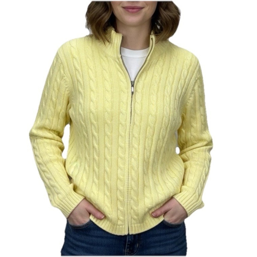 LL Bean Yellow Mock Neck Full Zip Cable Cotton Cardigan Sweater Size MEDIUM